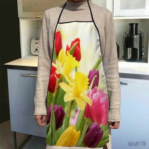 Kitchen Apron Custom Tulips Pattern Kitchen Apron Dinner Cooking Apron Adult Baking Accessories Waterproof Fabric Printed Cleaning Tools R230710