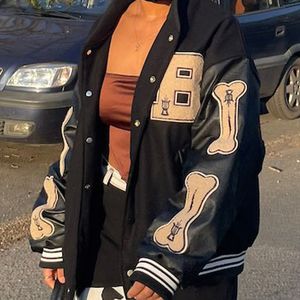 Women's Jackets Women's Varsity Bomber Jacket Hip Hop Harajuku Furry Bone Patchwork Leather Baseball Jackets Streetwear Men Lover College Coats 230710