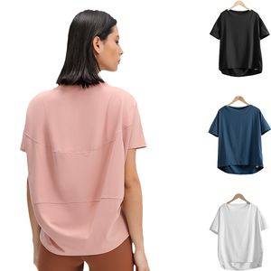 Lu kvinnors yoga kort ärm lös t-shirt topp lös yogaklänning täcker topp kort bakre lång mode t-shirt