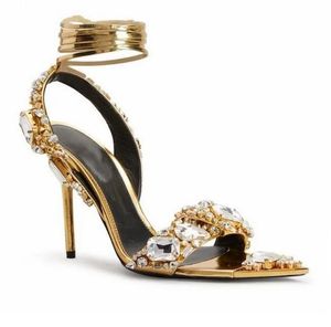 Metalik kristal süslemeli ayak bileği-kızartma sandalet topuklu stiletto topuklu kadınlar parti akşam ayakkabıları açık ayak parmağı aynası deri lüks tasarımcılar fabrika ayakkabı +kutu
