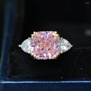 クラスターリング高級 4ct ピンクサファイアダイヤモンドリングリアル 925 スターリングシルバー婚約結婚指輪女性男性ファインジュエリー