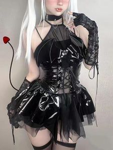 Sıradan Elbiseler Altgoth Seksi Cosplay Pu Elbise Kadınlar Harajuku Street Giyim Grunge Bandage Boş Dış Çıkışlar Punk Y2K E-Girl Alışveriş Merkezi Gotik Giysiler