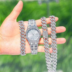 Strands 3pcs Necklace +watch+bracelet Hip Hop Miami Cuban Link Chain Necklaces for Men Women Shiny Rhinestones Rapper Jewelry 230613