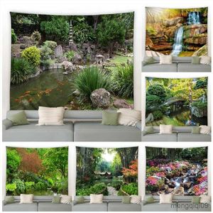 Tapestries Customizable Garden Landscape Tapestry Flower Plant Carp Waterfall Wall Hanging Living Room Courtyard Picnic Blanket R230710