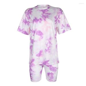 Women's Tracksuits Tie Dye Colorful Print 2 Piece Set Casual Summer Gradient Colored T Shirt Tight Leg Shorts Pants Women Tracksuit