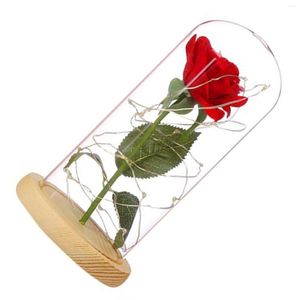 Fiori decorativi Luce rossa incantata di rosa di seta conservata nella cupola di vetro con regalo romantico a LED per l'anniversario di matrimonio