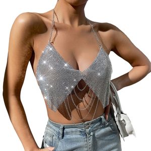 Other Fashion Accessorie s Sexy Halter Backless Metal Chain s Crop Top Deep V Neck Crystals Bandeau Vest Nightclub Body Jewelry 230710