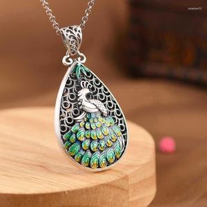 Pendant Necklaces LH Vintage National Style China-Chic Cloisonne Peacock Peony Double Sided Hollow Large Water Drop Necklace