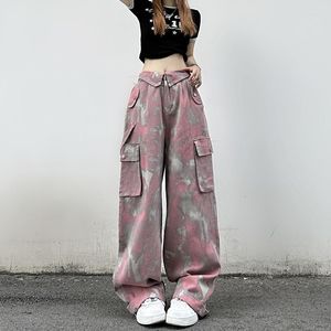 Spodnie damskie American High Street kamuflaż Tie-dye Cargo kobiety Korea Fashion 2023 Design duża kieszeń luźna prosta nogawka