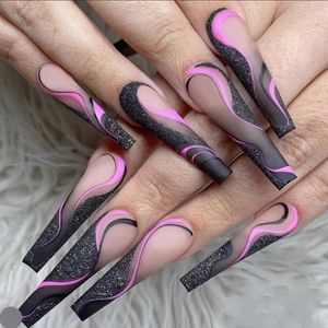 Unhas postiças 3D Longo Prensa Falsa Em Faux Ongles Acrílico Reutilizável Pontas de Caixão Suprimentos de Manicure Com Unhas de Desenhos Franceses