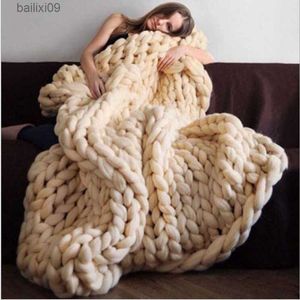 Blankets Fashion Chunky Merino Wool Blanket Thick Big Yarn Roving Knitted Blanket Winter warm Throw Blankets sofa bed blanket T230710
