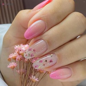 Unhas postiças 24 unidades Amêndoa Gradiente Falso Desenhos de flor rosa Cobertura completa para mulheres Primavera Verão Press On Tips 2023