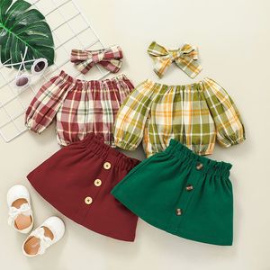 Completi di abbigliamento Vestiti per neonate vintage Primavera Off Spalla Crop Top Minigonne Plaid Print Girl Outfits Cute Ruffle Toddler Suits 230707