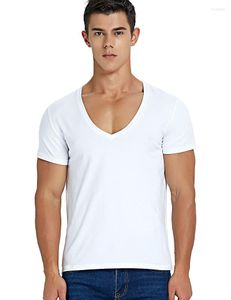 メンズスーツ A1457 ディープ V ネック Tシャツ男性用ローカットスクープトップ Tシャツドロップテール半袖男性綿カジュアルスタイル