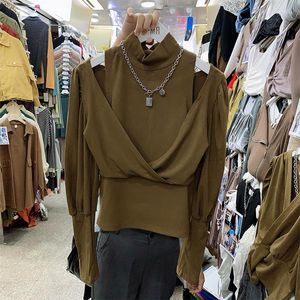 Женские блузки дамы Spring Sexy Off Phouldling Hollow Out Back Shirt Women's с длинным рукавом сплошные белые палочки.