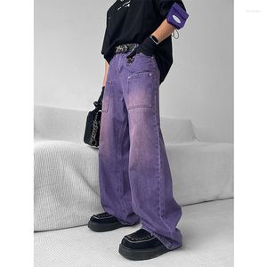 Frauen Jeans 2023 Sommer Farbverlauf Lila Vintage Mode Tasche Hohe Taille Baggy Gerade Hosen Straße Casual Breite Bein D