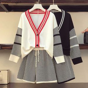 Plus Size Womens 2024Spring New Fat Sister V-neck Contrast Knitted Cardigan Plaid Shorts Age Reduction Suit L230619