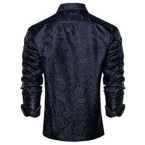 Jackor Blue Black Paisley Silk Shirts For Men Long Sleeve Wedding Party Prom Tuxedo Dress Shirt Casual Designer Clothing