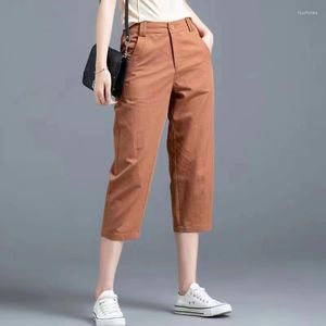 女性のパンツ夏の薄い純粋な綿ハイウエストジッパーポケットスーツカプリパンツ通気性ルーズフィットファッション鉛筆ハーラン女性