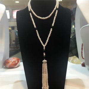 Ketten Handgeknüpfte lange natürliche 5-6 mm weiße Süßwasserperle mit eingelegter schwarzer Steinquaste Halskette Pulloverkette Modeschmuck