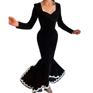 Classic Black Veet Dresses Lace Applicques Asymmetrical Evening Party Gown Long Sleeve Fishtail Prom Dress 415