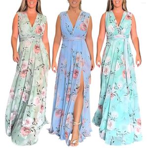 Casual Dresses Elegant Chiffon Sleeveless Summer Printed Vest Women's Dress Print Split V Neck Strap