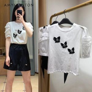 Camisetas femininas 2023 Summer Sweet All-matching Mesh Sleeve Puff T-shirt Short Niche Chic Top Shirt Gola Redonda