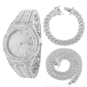 Strands Iced Out Men Necklace watch bracelet Miami Curb Cuban Link Chain Silver Color Paved Rhinestones Hip Hop Jewelry 230613
