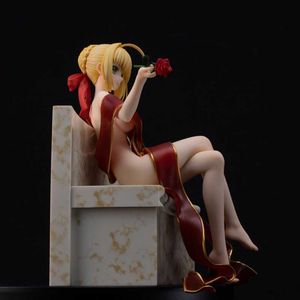 Action Toy Figures 15CM Anime Figure Fate Stay Night Saber Nero Sexy Red Bathrobe Sitting Pose Tabletop Collection Decor Static Doll