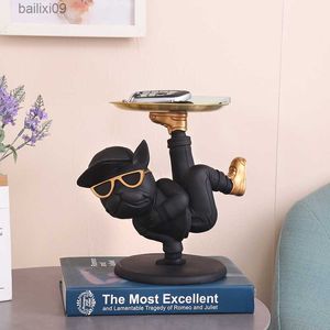 Dekorative Objekte Figuren Hip-Hop Black Dog Statue Tablett Nordic Luxury Home Ästhetische Dekoration Französische Bulldogge Figur Skulptur Innendekoration T230710