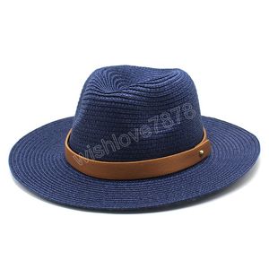 夏麦わら帽子男性女性用サンビーチキャップ大人ジャズパナマ帽子 Fedora つば広日焼け防止キャップレザーベルト付き