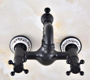 Kitchen Faucets Black Oil Rubbed Bronze Ceramic Base Wall Mounted Bathroom Sink Faucet Swivel Spout Mixer Tap Dual Cross Handles Anf852