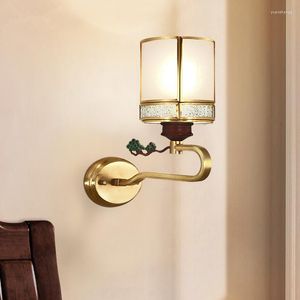 Wall Lamps Chinese Retro Mahogany Living Room Bedroom Aisle Stairs Copper Glass Lights El Bedside Decorative Lamp E27