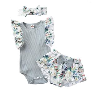 Completi di abbigliamento 3 pezzi Abiti estivi per bambina Abiti Pantaloncini Set manica corta Tuta floreale Pagliaccetto Top Ruffle Bloomers Fascia all'ingrosso