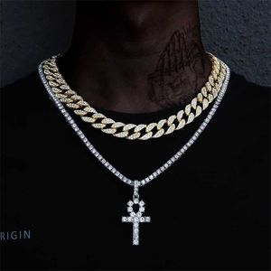 Pendant Necklaces Men Alloy Iced Out Ankh Cross Tennis Chain Cz Rhinestone Egyptian Key of Life Pendant&necklace Women Hip Hop Jewelry 230613