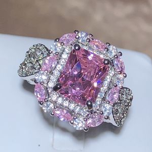 Sparkling Pink Zircon Collection Square Ring Female 925 Stamp New Fashion Jewelry Party Birthday Gift Wholesale