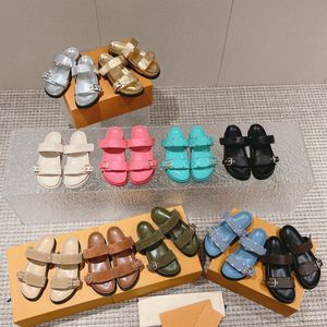 Damen-Designer-Hausschuhe, Strand, Herren- und Damen-Sandalen, Sommermarke, Leder-Hausschuhe, Gummi-Hausschuhe, Strandmode, echtes Leder, 2 verstellbare goldene Böcke