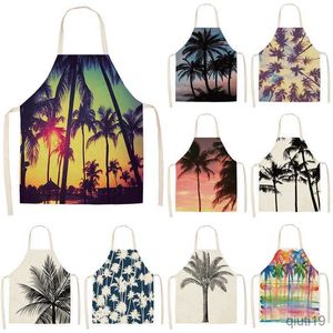 Kitchen Apron Coconut Tree Plant Printed Cotton Linen Ched Apron for Women Barbecue Cooking Baking Kitchen Cleaning Aprons 55x68cm R230710