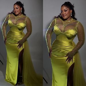 Lemon Green Plus Size African Formal Dress Sparkly Beaded Sheer Long Sleeves Prom Dresses Black Women Sexy Slit Evening Party Gowns