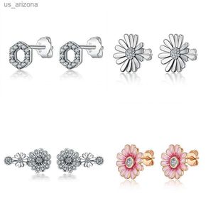 925 Sterling Silver Earring Women Earring Diy Flower Pink Daisy Clear Crystal Earrings for women pandora Jewelry L230620