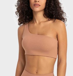 Completi da yoga in tinta unita Reggiseno fitness da donna a costine Cinturino monospalla Top sportivo Intimo da palestra Pad pettorale da allenamento senza cuciture