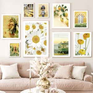 Paintings Wall Art Canvas Painting Lemon Chrysanthemum Sunflower Train Doors Windows Nostalgic Village Posters And Prints Pictures Decor 230707