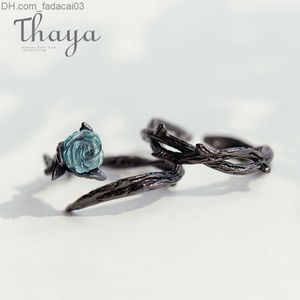 Wedding Rings Thaya Rose Thorn s925 Silver Ring Blue Crystal Rose Vintage Plant Valentine's Day Gift Women's Knot Black Exquisite Jewelry Z230711