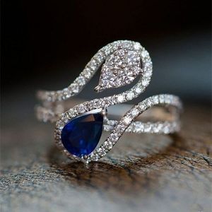 Huitan Unique Design White/Blue Water Drop Cubic Zirconia Rings Luxury Elegant Lady's Wedding Rings Fashion Jewelry for Women