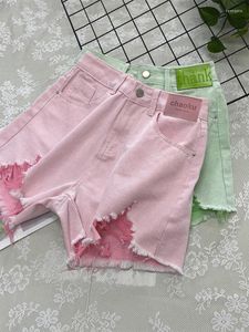 Kadın şortları pembe yırtık denim moda yüksek bel giysisi vintage yeşil geniş kot y2k gündelik harajuku Kore yaz