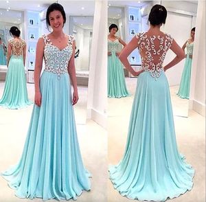 New Blue Sexy Back Design Prom Dresses Long Sweetheart Cap Sleeves Chiffon A-line Long Evening Gowns with Lace Appliques