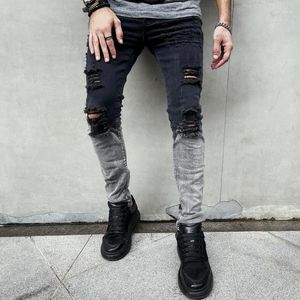 Jeans Masculino Casual Denim Masculino Magro Zíper Buraco Preto Pintado de Branco Calça Lápis Elástico Rasgado Para Reta Comprimento Total