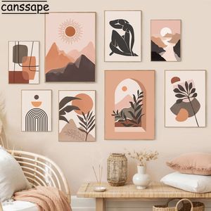 Pinturas Boho Wall Posters Plant Leaves Print Pictures Abstract Lines Art Prints Sun Mountain Nordic Poster Living Room Decor 230707