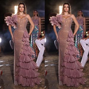 Elegant Lace Mermaid Evening Dresses Sexy One Shoulder Sleeveless Prom Dress Illusion Tiere Ruffles Formal Party Gowns