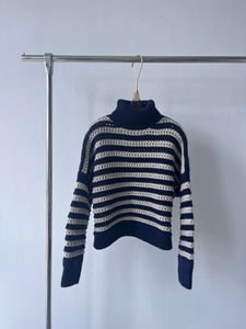 Women's Sweaters 2023 Autumn European Fashion High Neck High Quality Wool Yarn Striped Sweater